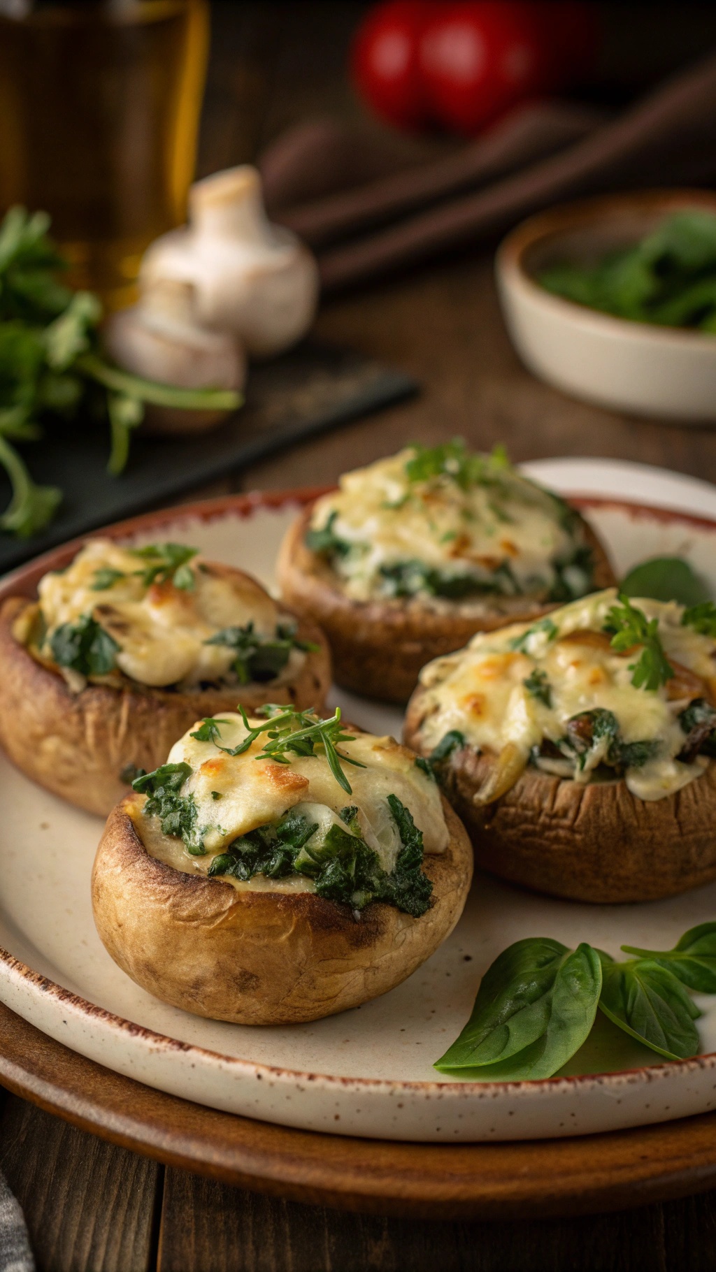Savory cheese and spinach stuffed mushrooms on a plate, garnished with parsley.