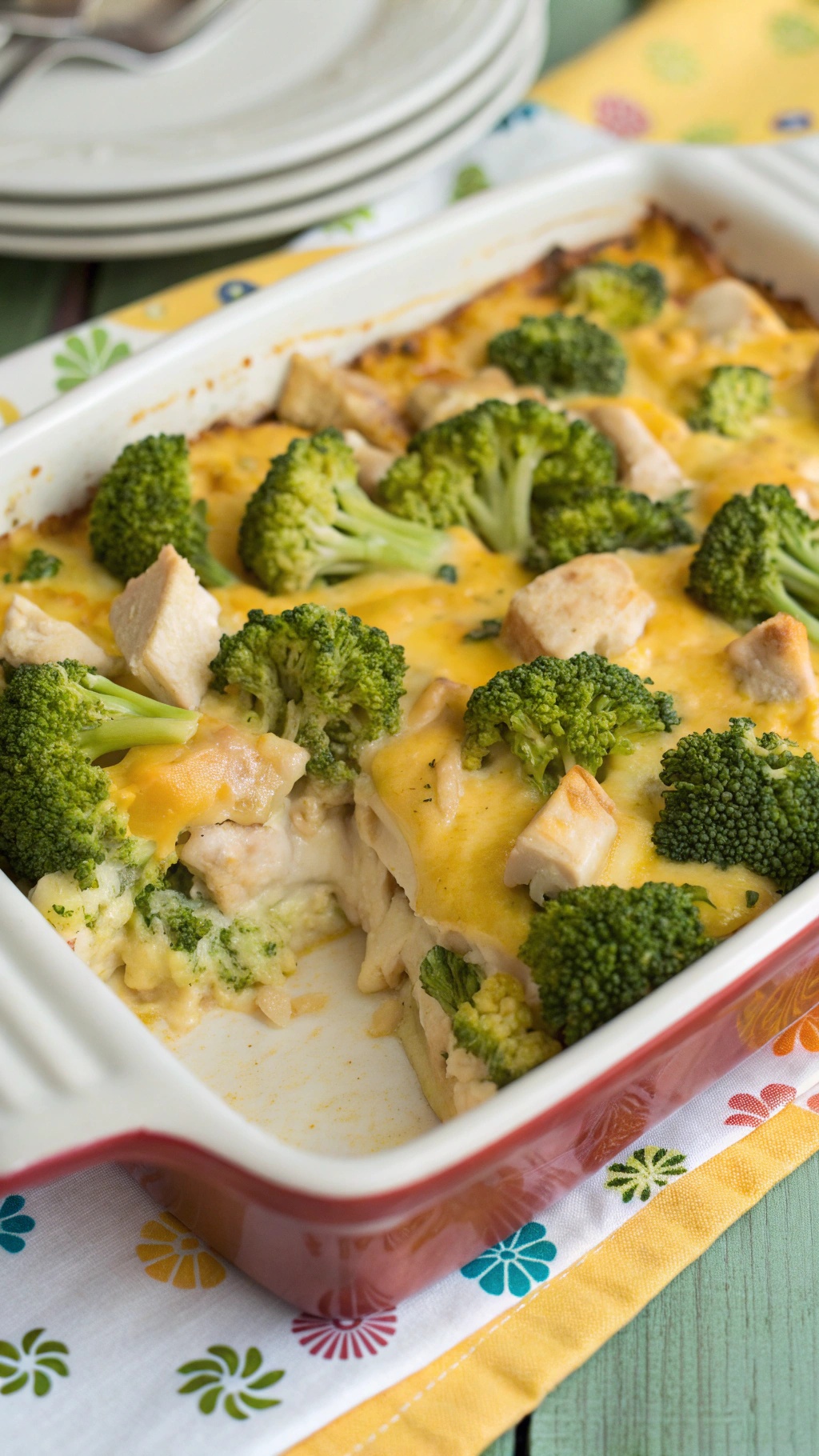 A delicious cheesy chicken and broccoli casserole in a baking dish, ready to serve.