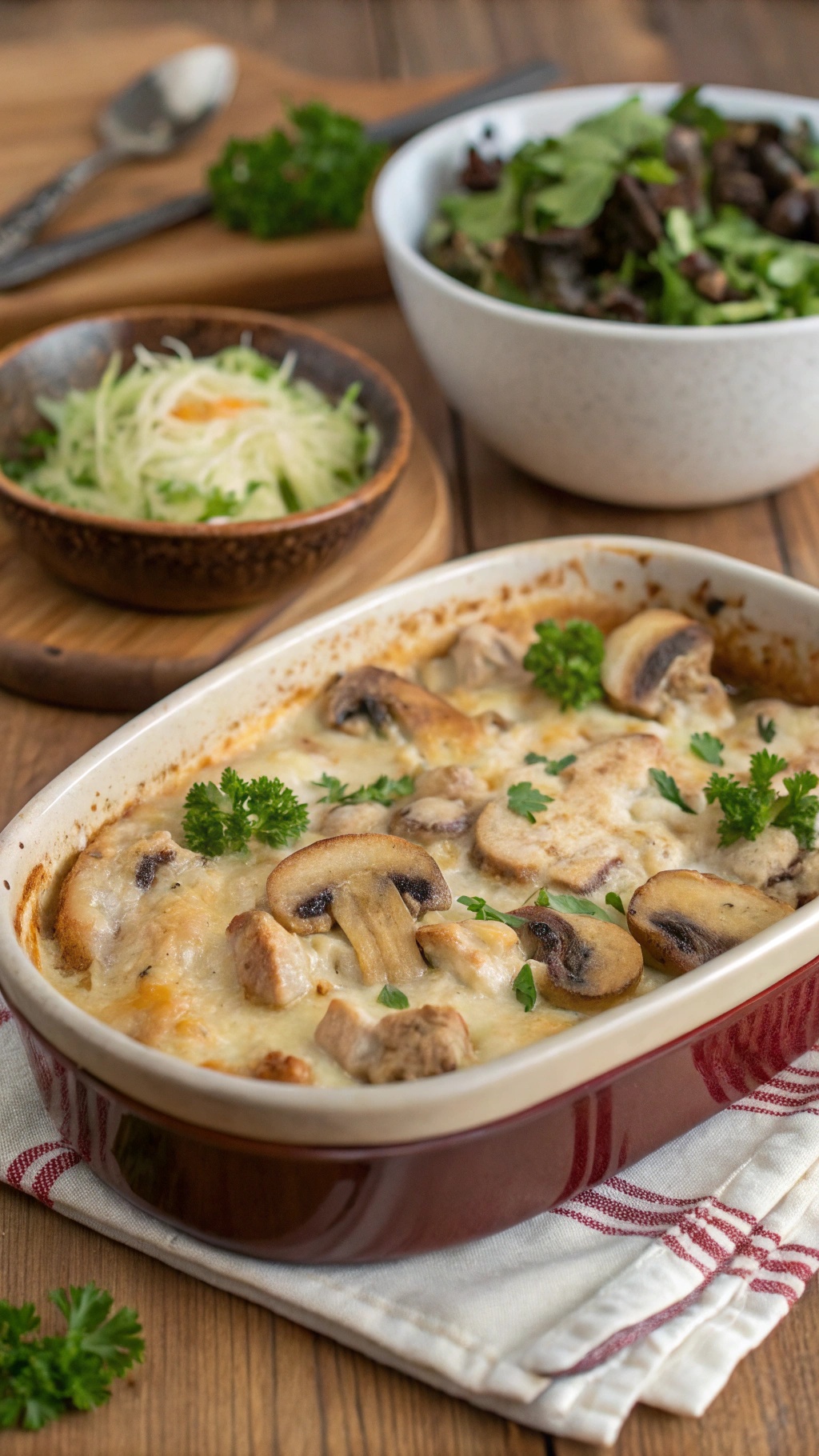 A savory chicken and mushroom casserole topped with parsley, served with a side salad.