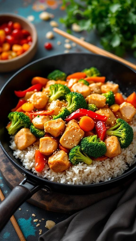 A colorful chicken and vegetable stir-fry served over rice, garnished with sesame seeds.