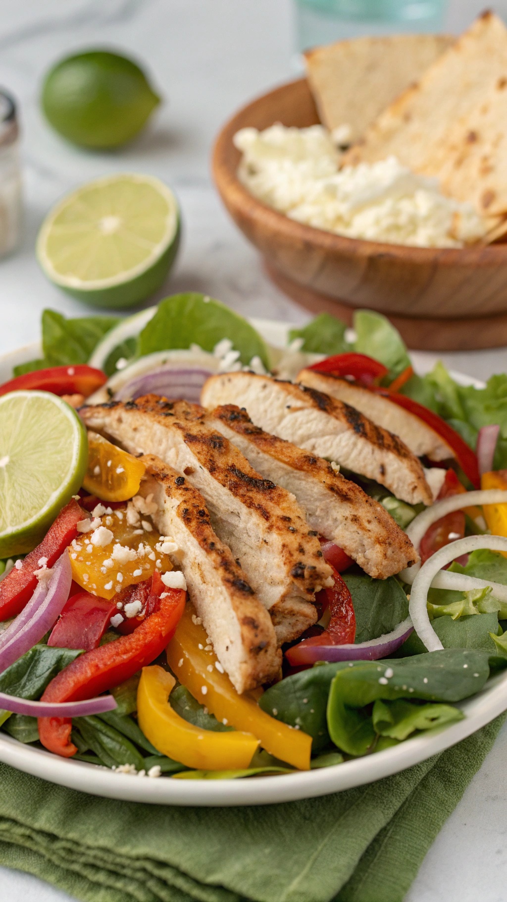 A colorful chicken fajita taco salad with grilled chicken, bell peppers, and lime wedges.