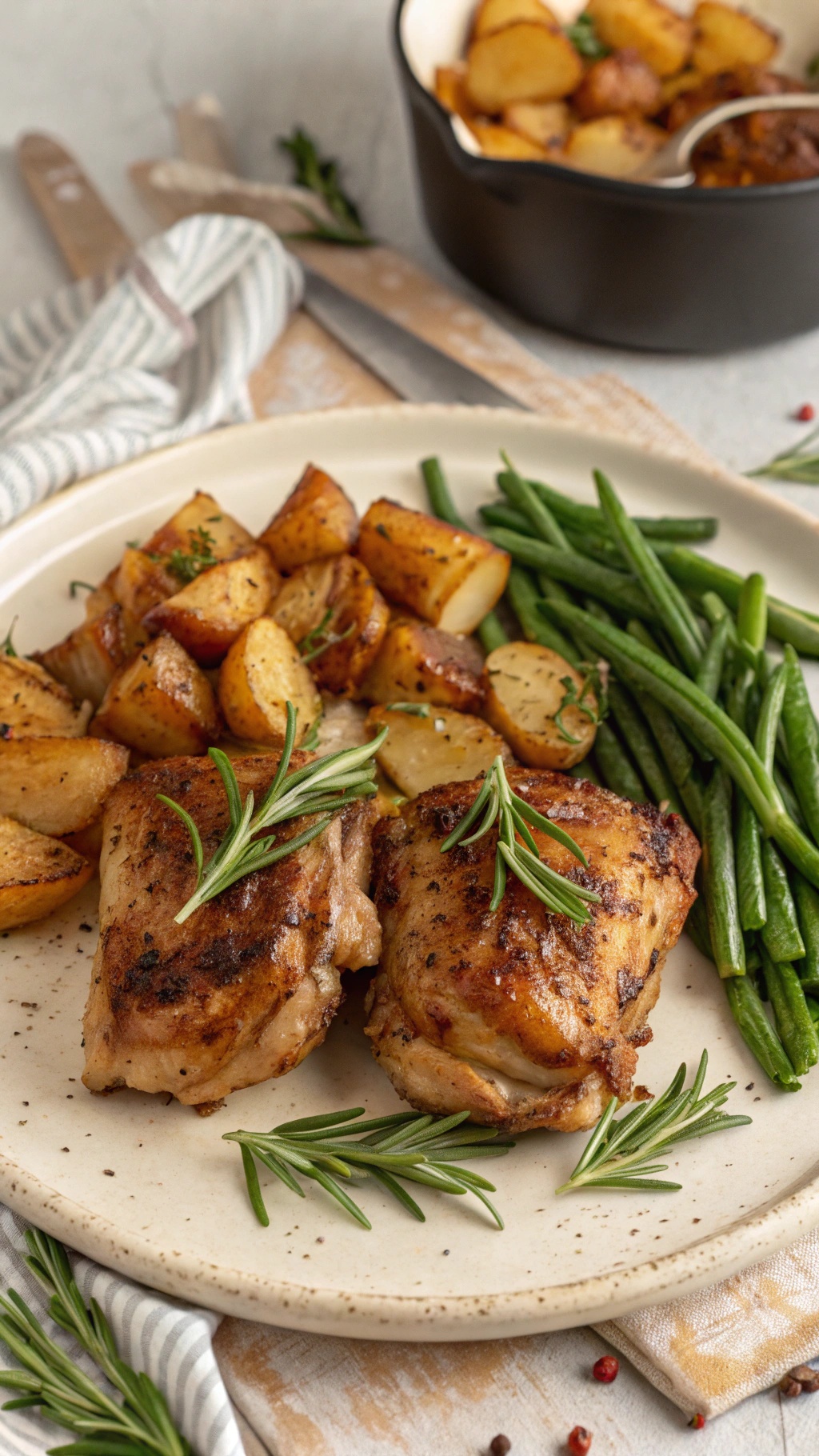 Savory chicken thighs with garlic and rosemary served with roasted potatoes and green beans.