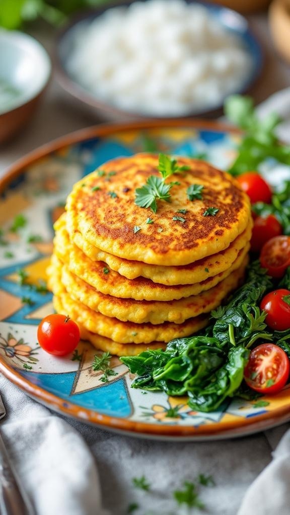Savory chickpea pancakes served with cherry tomatoes and greens on a colorful plate.