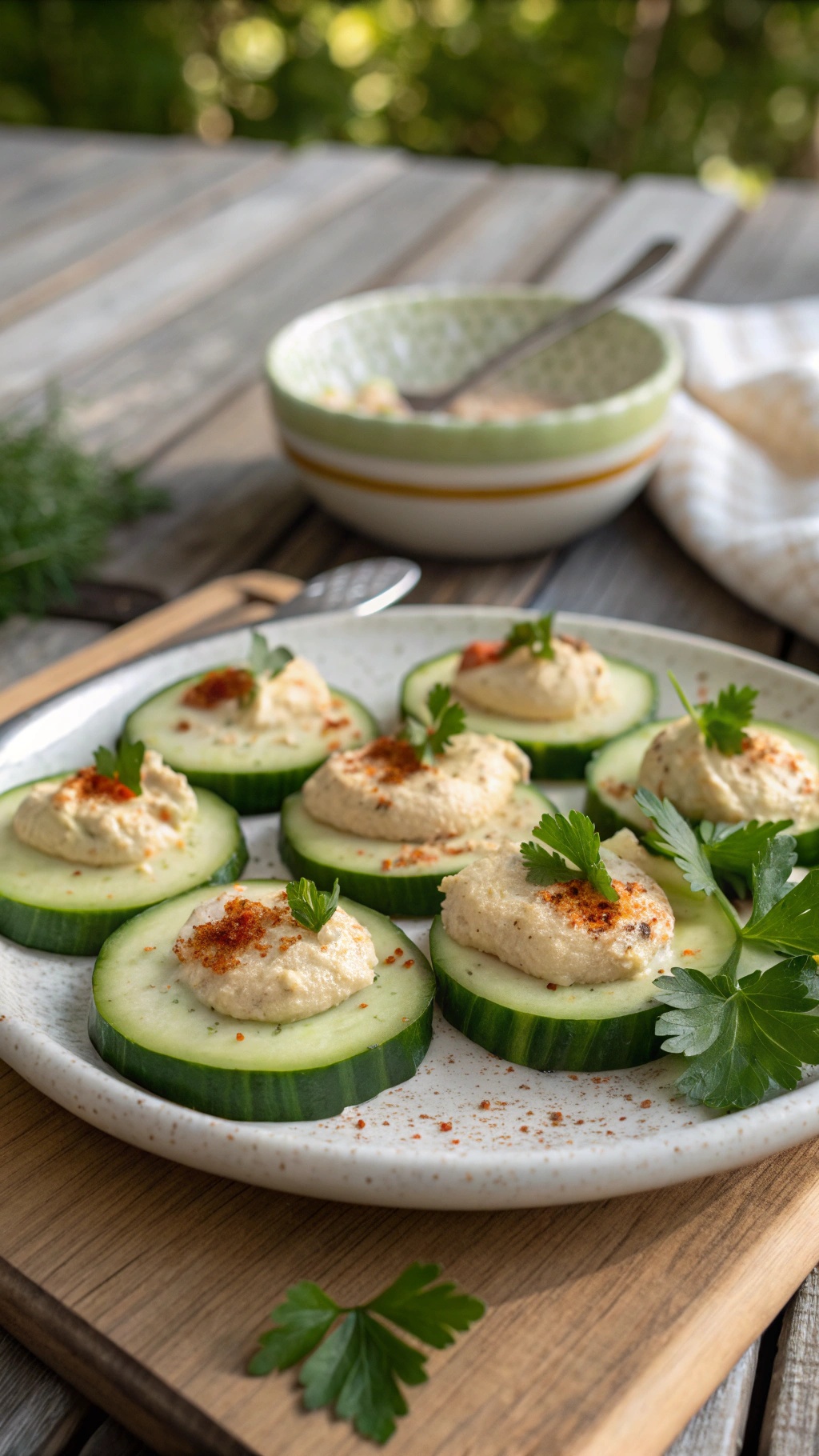 Plate of cucumber slices topped with hummus and garnished with paprika and parsley.