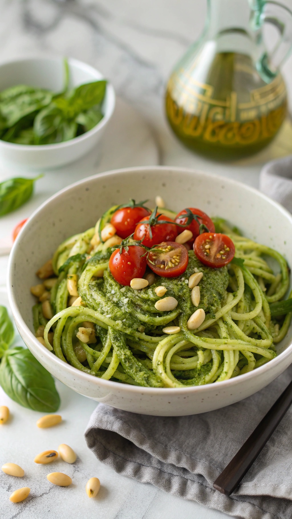 A bowl of zucchini noodles topped with pesto, cherry tomatoes, and pine nuts.
