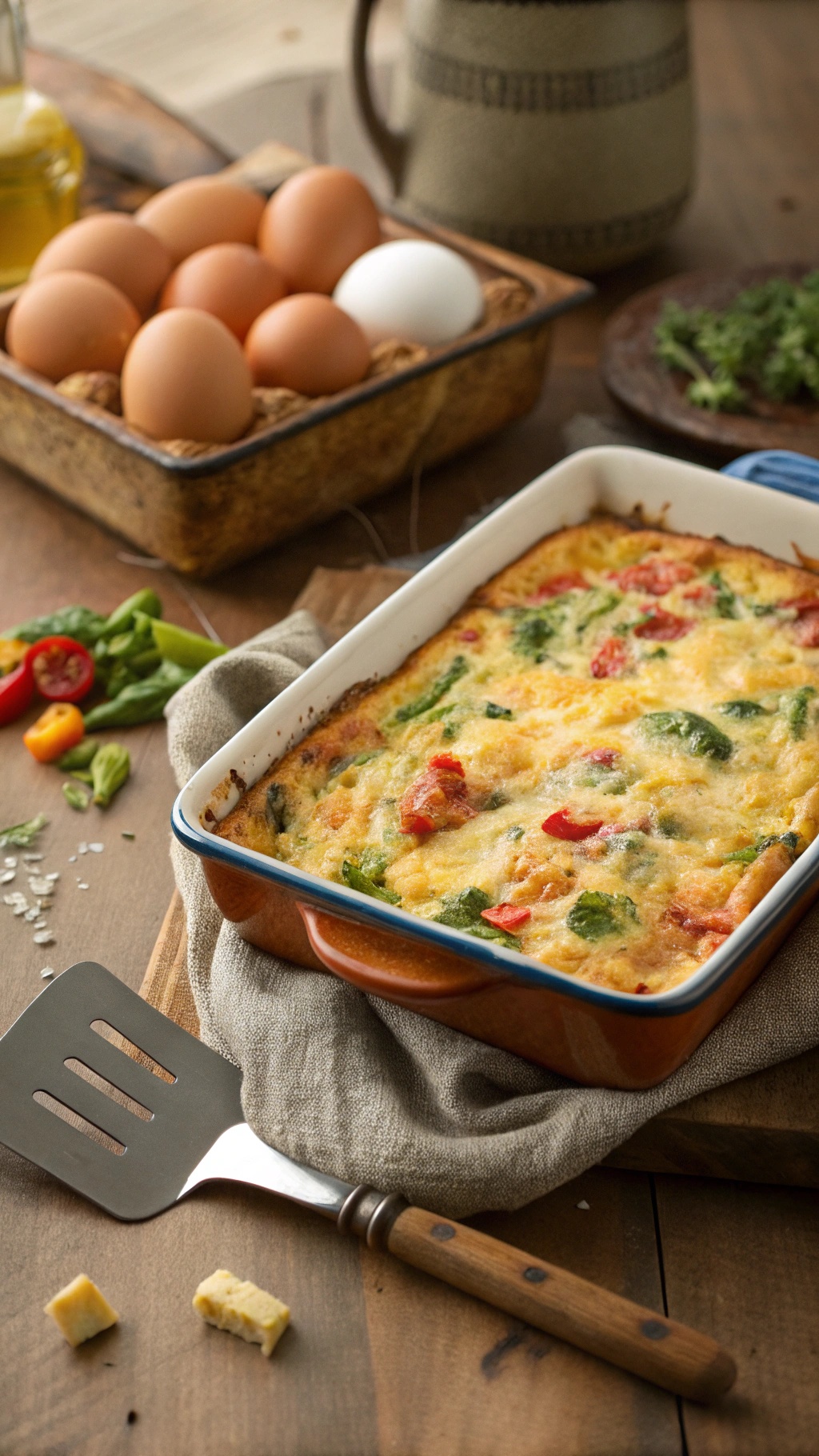 A savory egg and cheese breakfast casserole with colorful vegetables, fresh eggs in a basket, and a spatula on a wooden table.