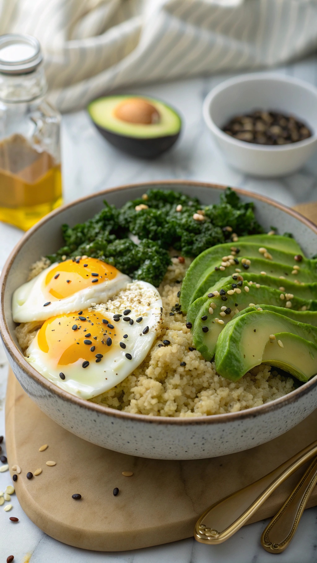 A savory egg and quinoa bowl with sunny-side-up eggs, avocado slices, and sautéed kale.