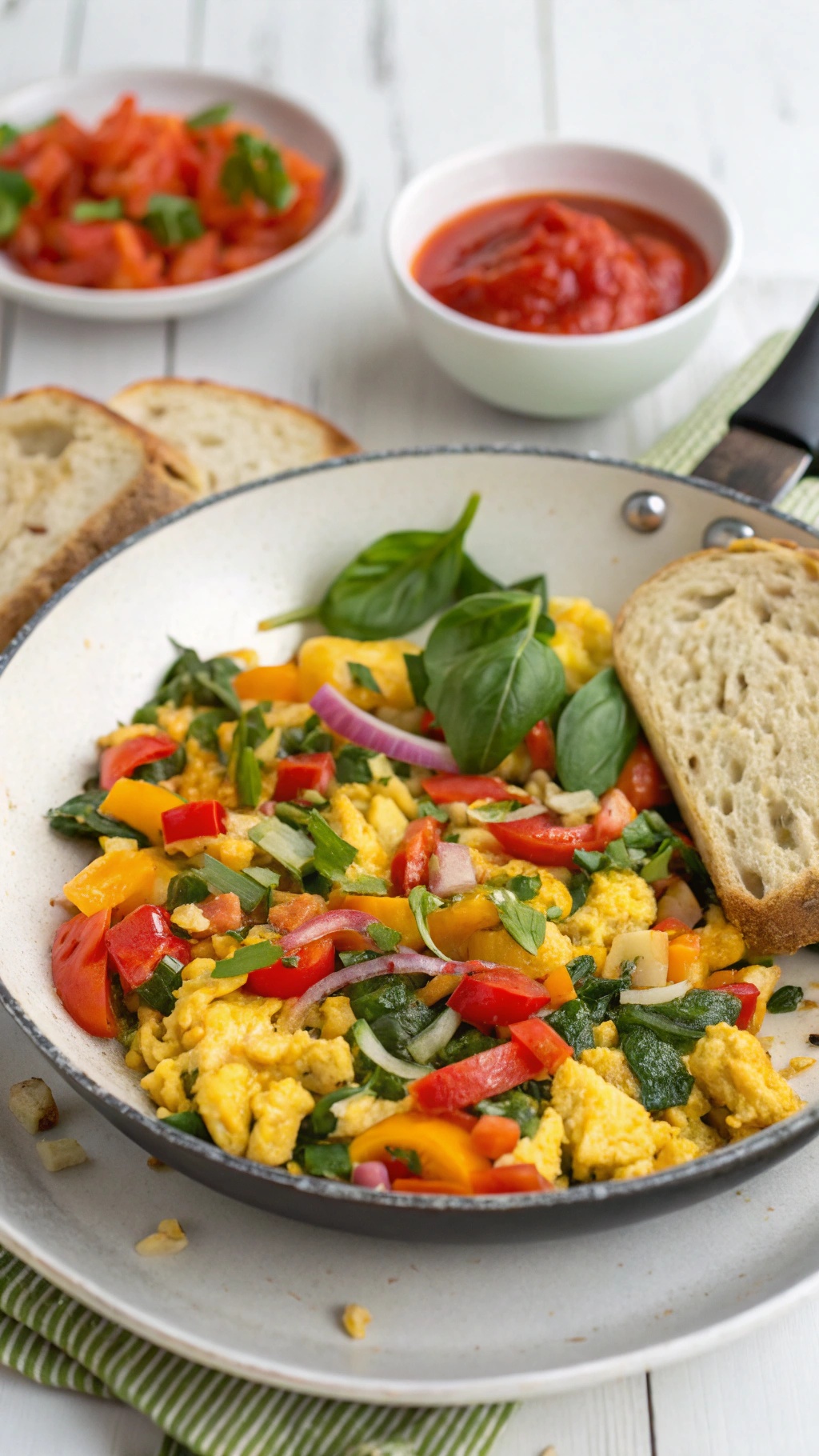 A colorful egg and vegetable scramble in a skillet with slices of bread on the side.