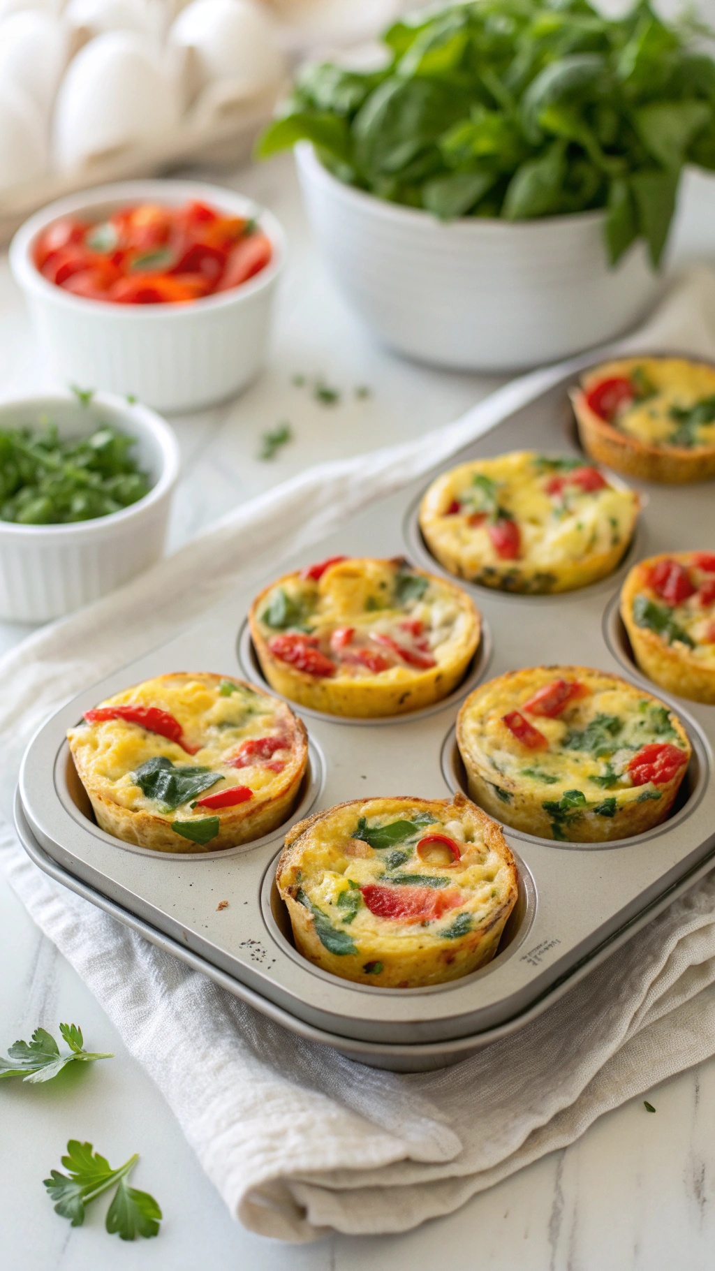 A tray of savory egg muffins filled with vegetables like spinach and tomatoes.