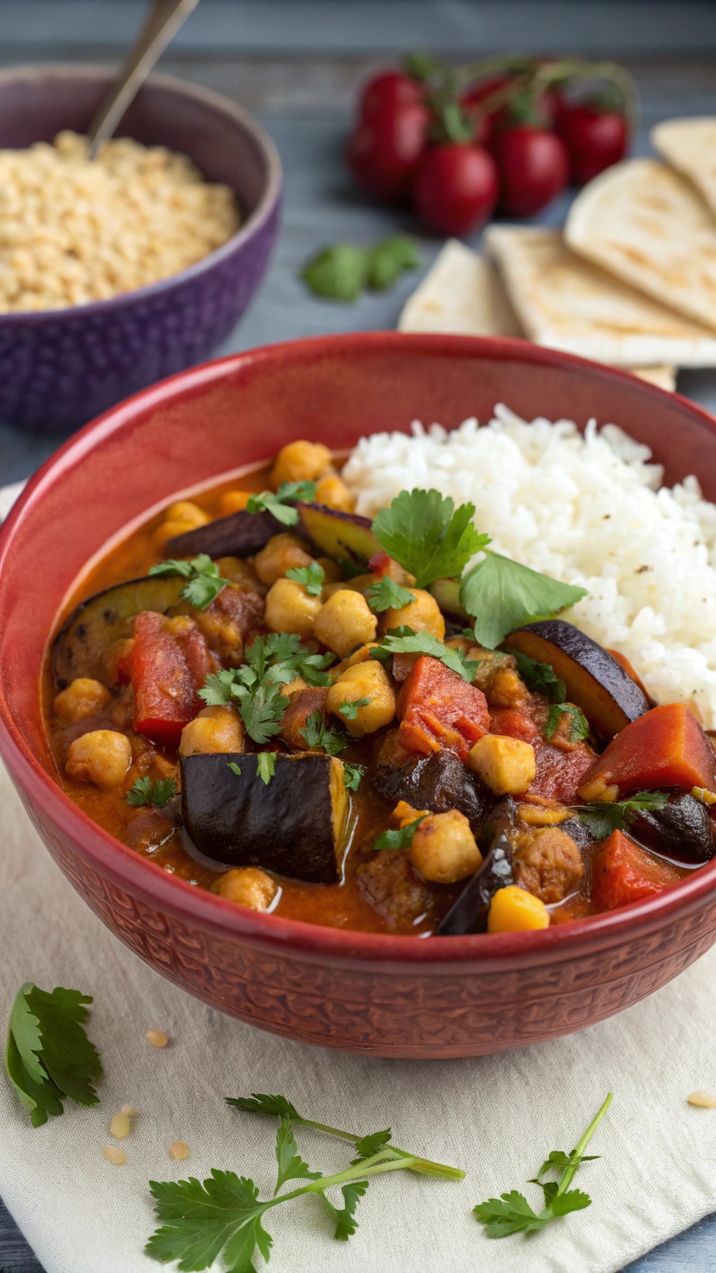 A bowl of eggplant and chickpea curry served with rice, garnished with cilantro.