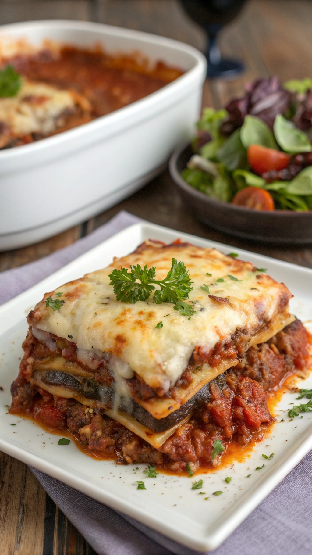 A delicious serving of eggplant lasagna with melted cheese and a side salad.