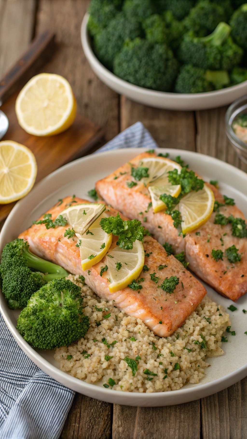 Garlic butter baked salmon with lemon slices, served with couscous and broccoli