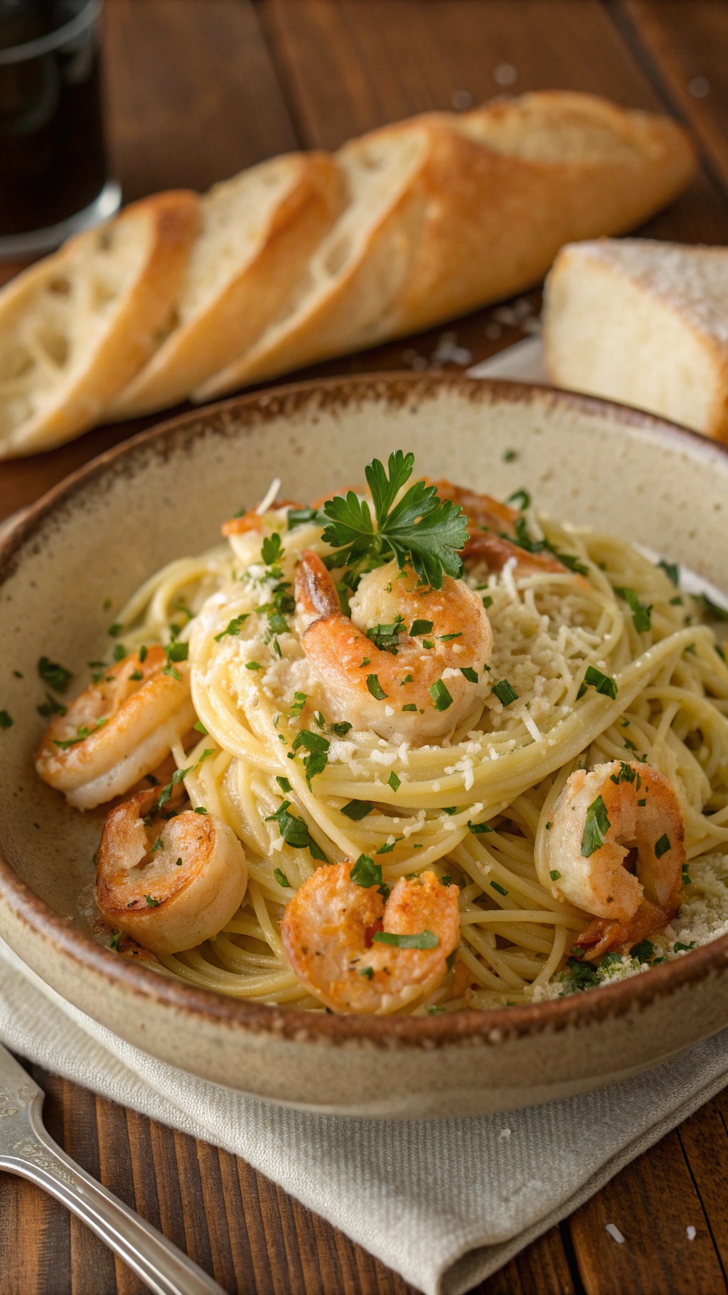 A bowl of garlic butter shrimp pasta topped with parsley and cheese, served with bread on the side.