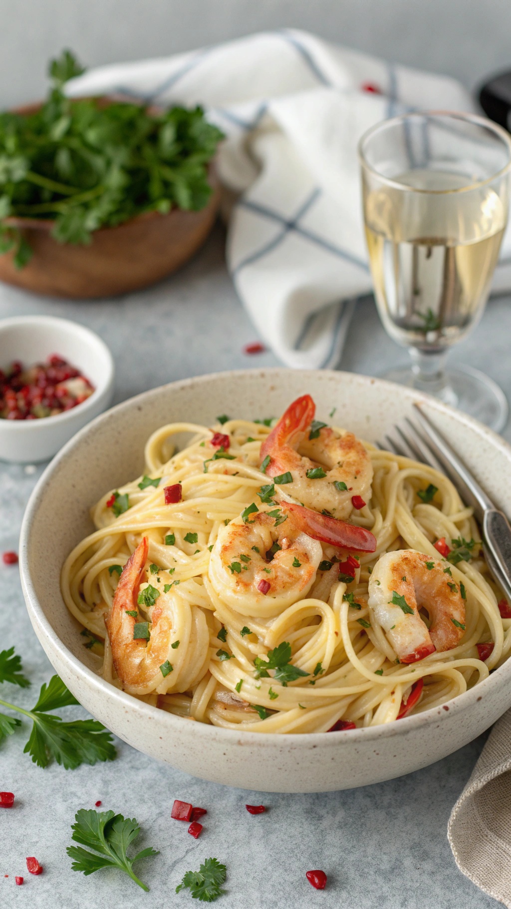 A bowl of garlic shrimp pasta garnished with parsley and red pepper flakes, with a glass of white wine in the background.