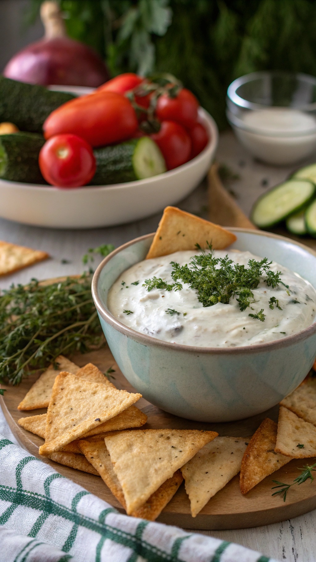 A bowl of Greek yogurt dip garnished with herbs, surrounded by pita chips and fresh vegetables.