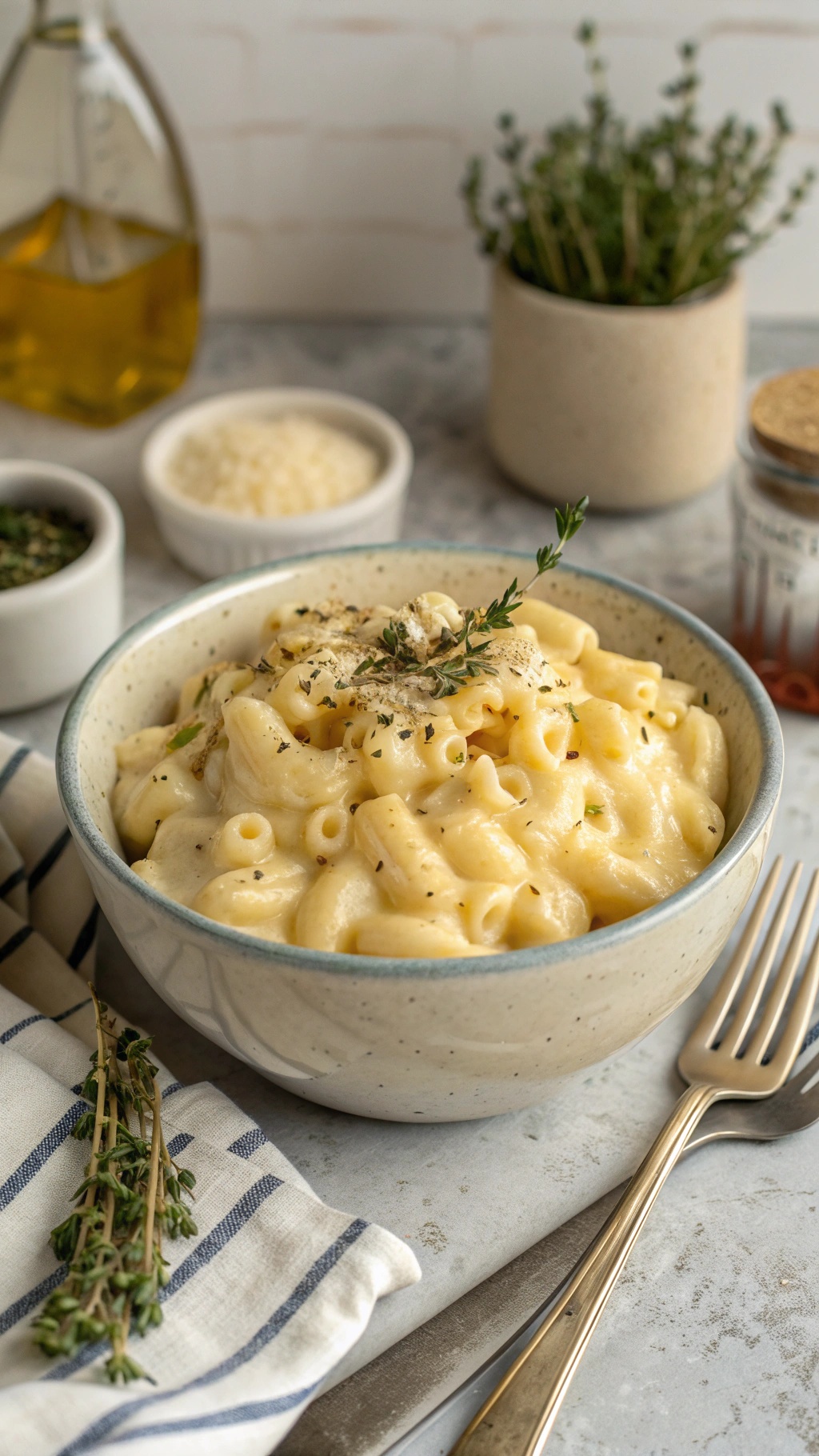 A bowl of creamy Greek yogurt mac and cheese topped with herbs, served with a fork and napkin.