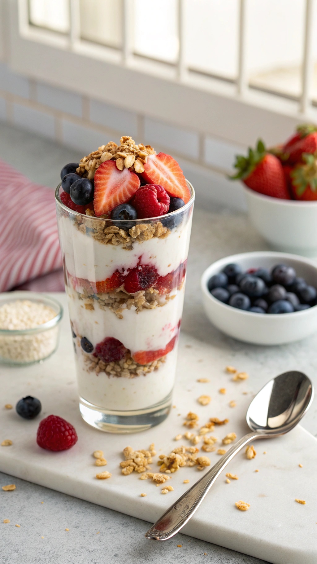 A savory Greek yogurt parfait layered with berries and granola in a glass.