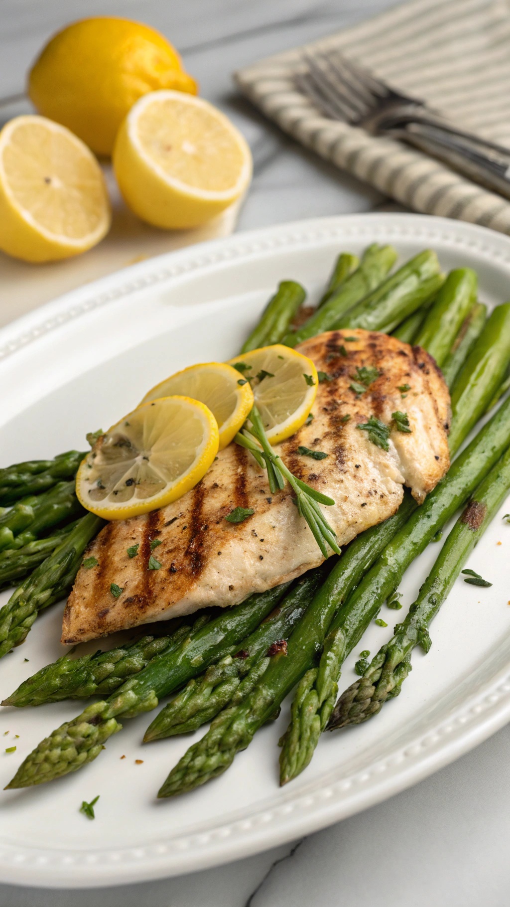 Grilled chicken breast served with asparagus and lemon slices on a white plate.