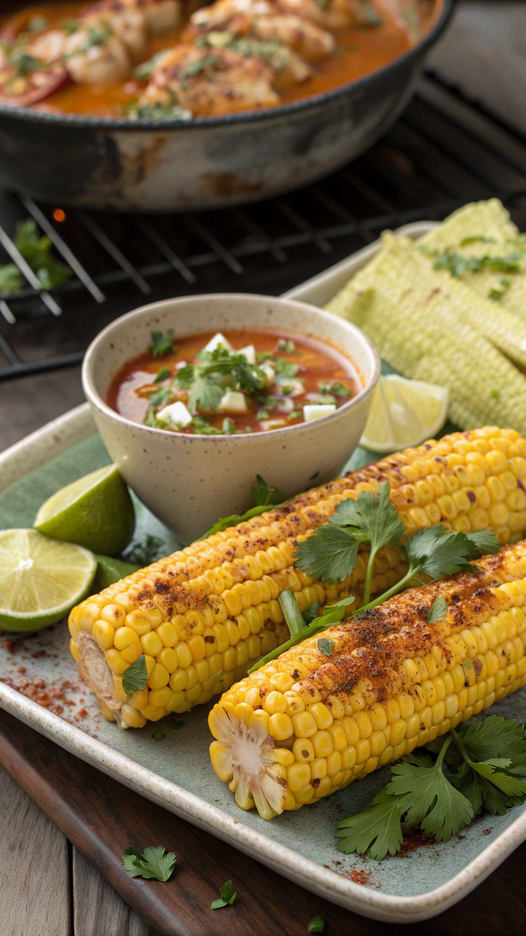 Grilled corn on a plate with lime wedges and a bowl of chicken tortilla soup in the background.