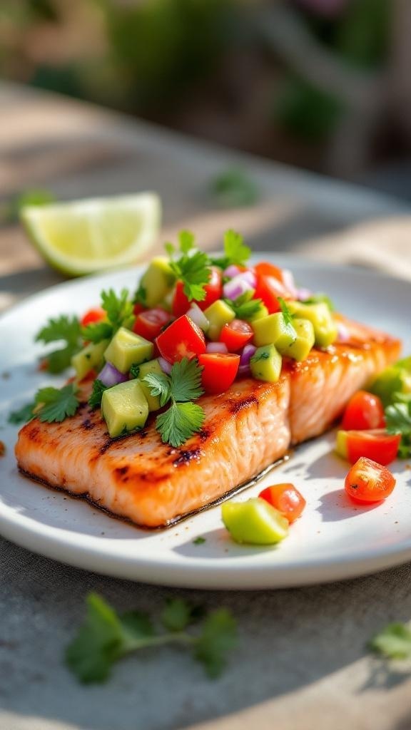 Grilled salmon fillet topped with avocado salsa and fresh vegetables