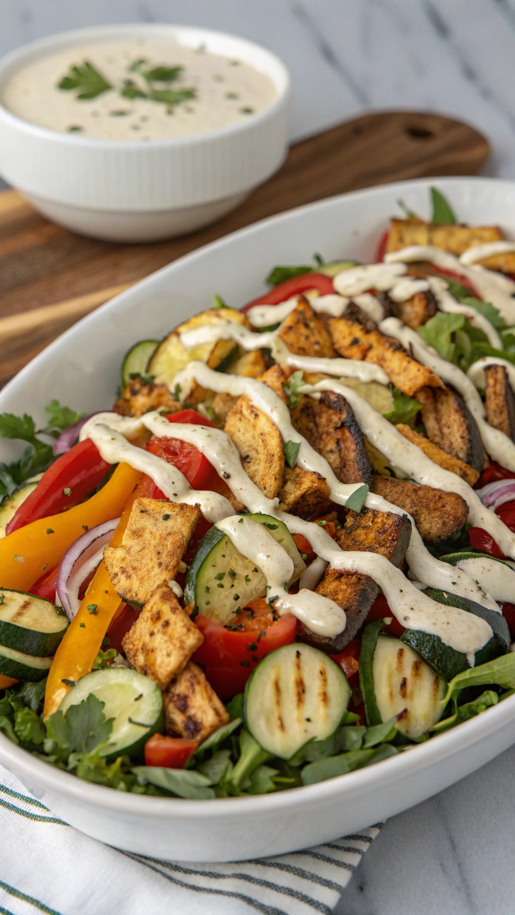 A colorful grilled vegetable taco salad with zucchini, bell peppers, and tofu drizzled with a creamy dressing.