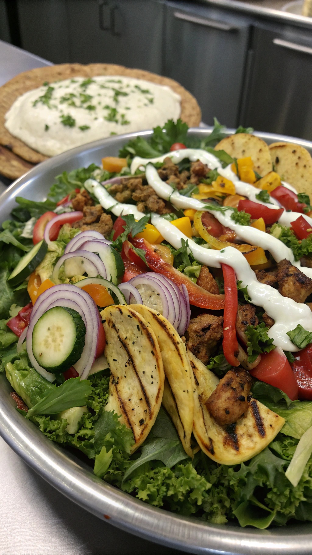 A vibrant taco salad with grilled vegetables, fresh greens, and tortilla strips.