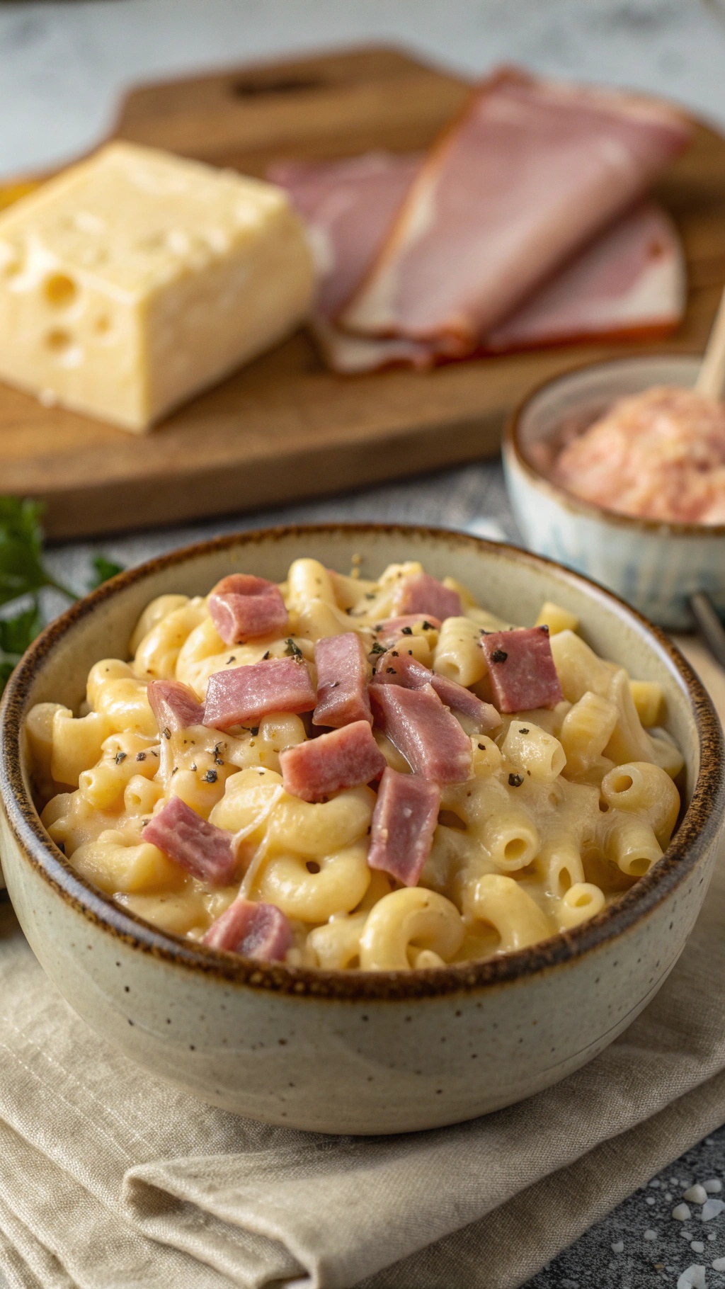 A bowl of macaroni and cheese topped with ham, with cheese and ham slices in the background.