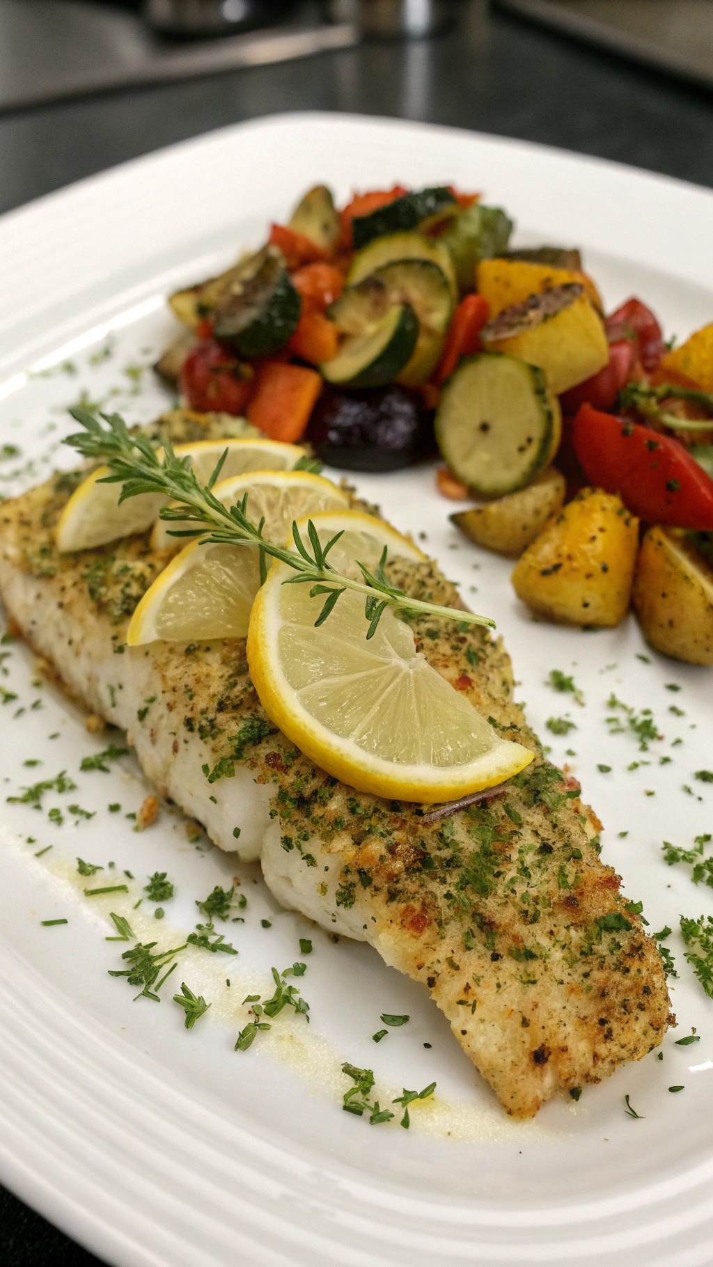 A plate of herb-crusted cod with lemon slices and roasted vegetables.