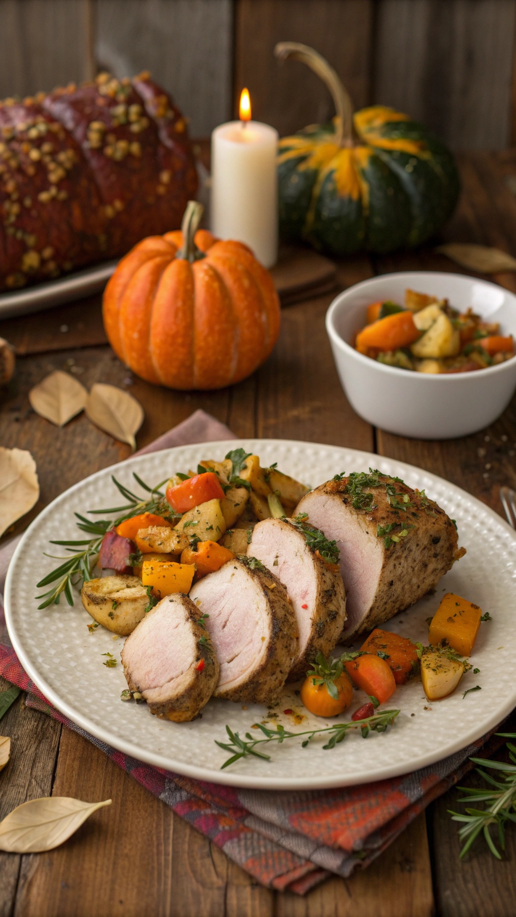 A plate of sliced herb-crusted pork tenderloin with roasted vegetables, set on a rustic wooden table with pumpkins and a candle in the background.