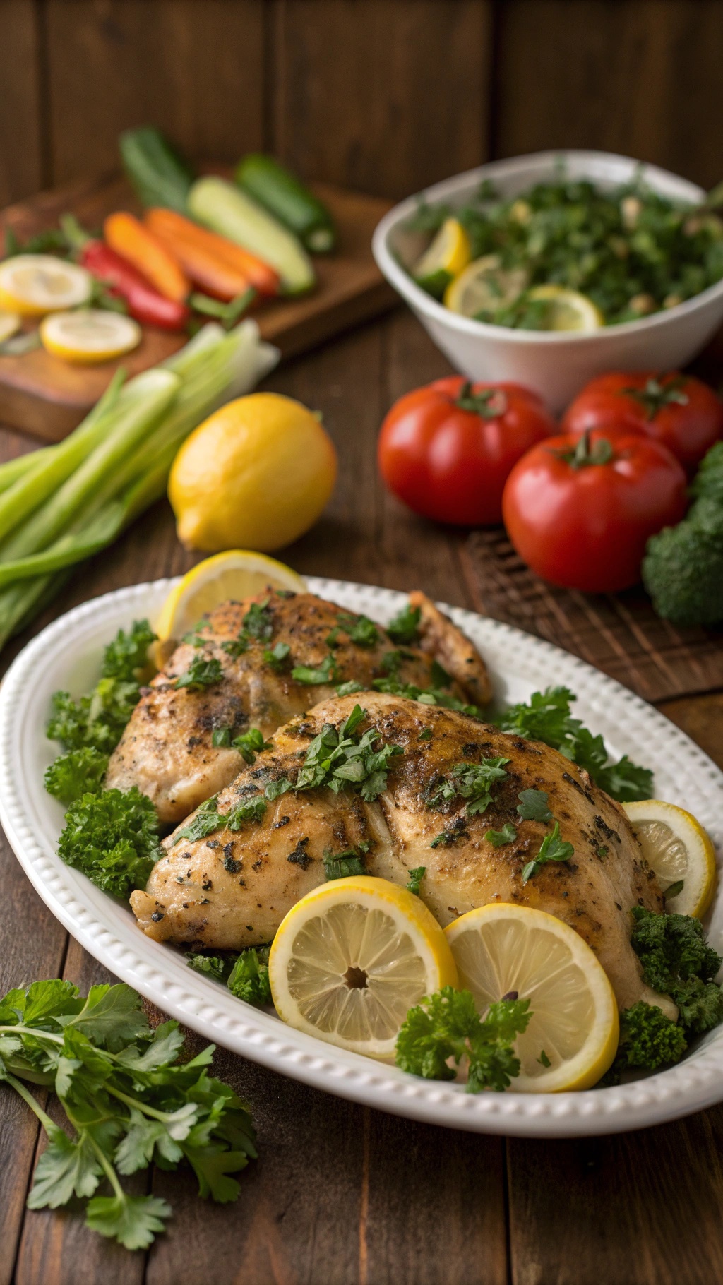 Herb-infused baked chicken served with lemon slices and fresh vegetables.