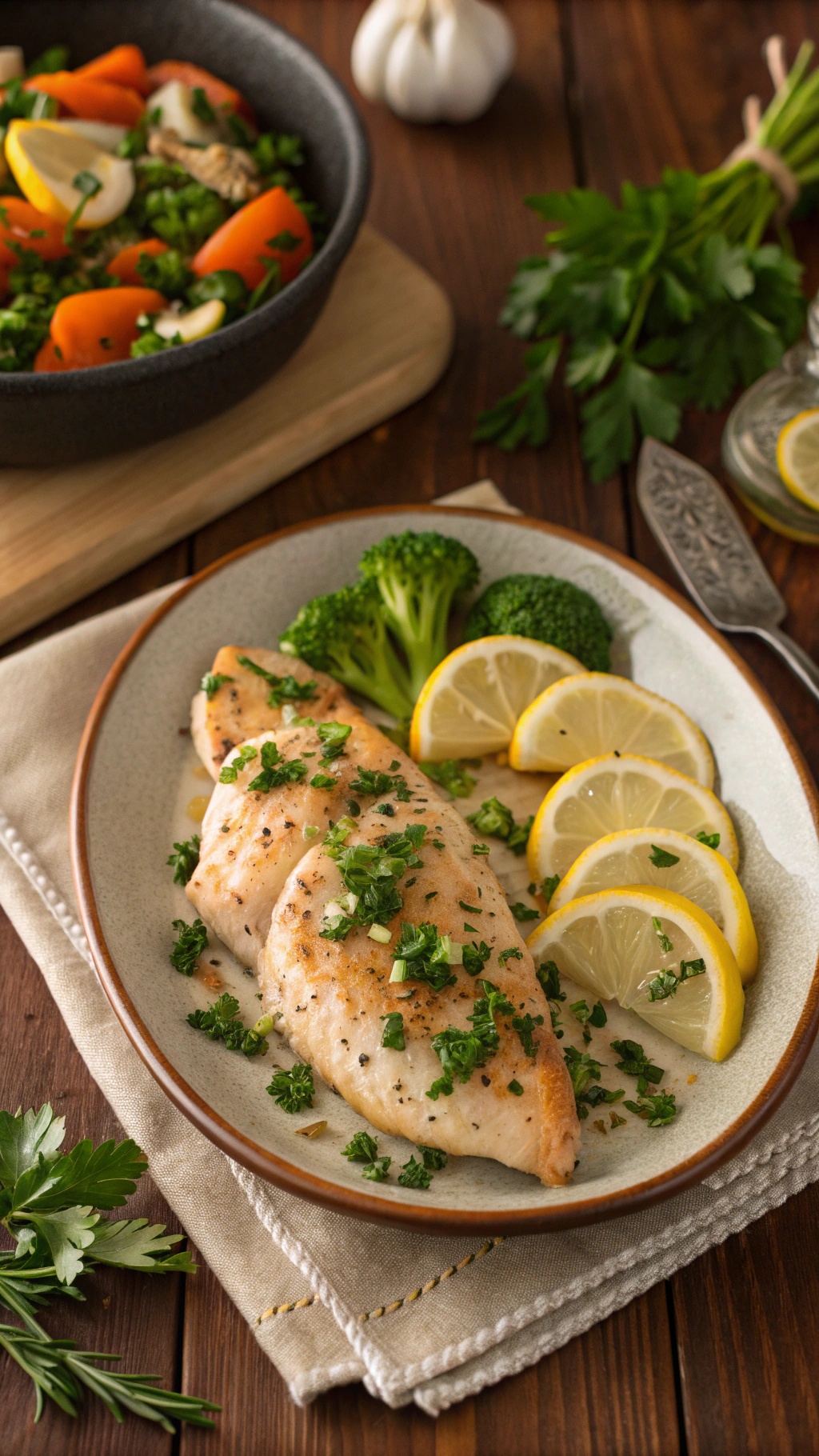 Baked chicken breasts garnished with herbs and lemon slices, served with broccoli.