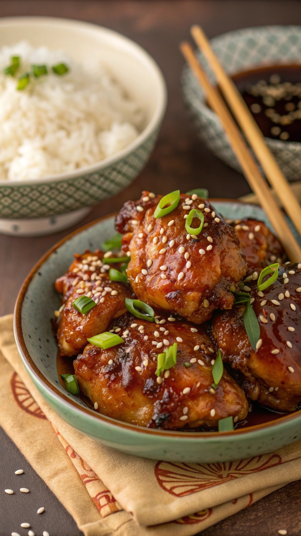 Honey garlic chicken thighs served with rice and garnished with green onions and sesame seeds.