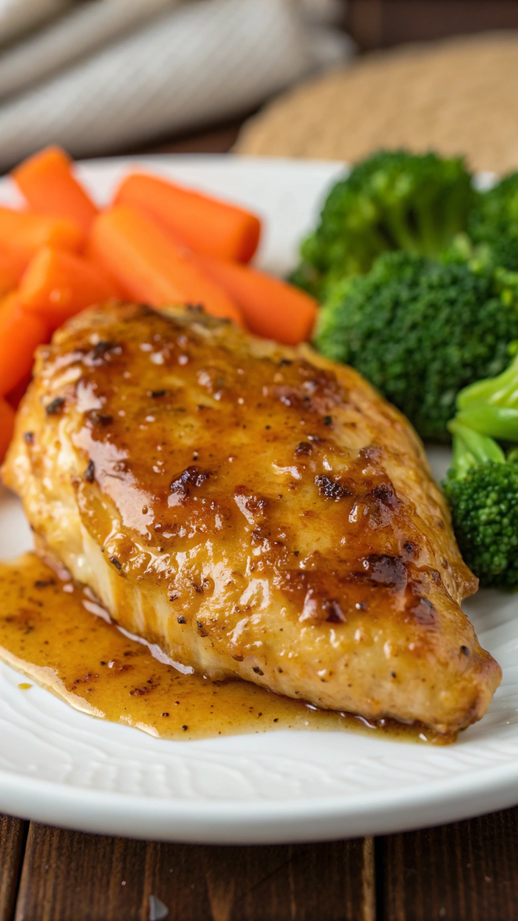 Honey mustard baked chicken breast served with broccoli and carrots