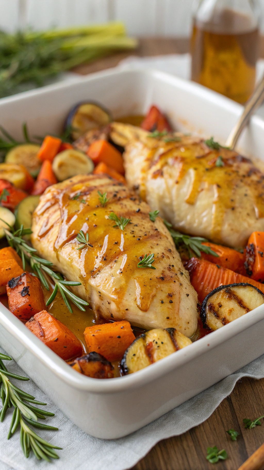 A delicious honey mustard chicken bake with vegetables