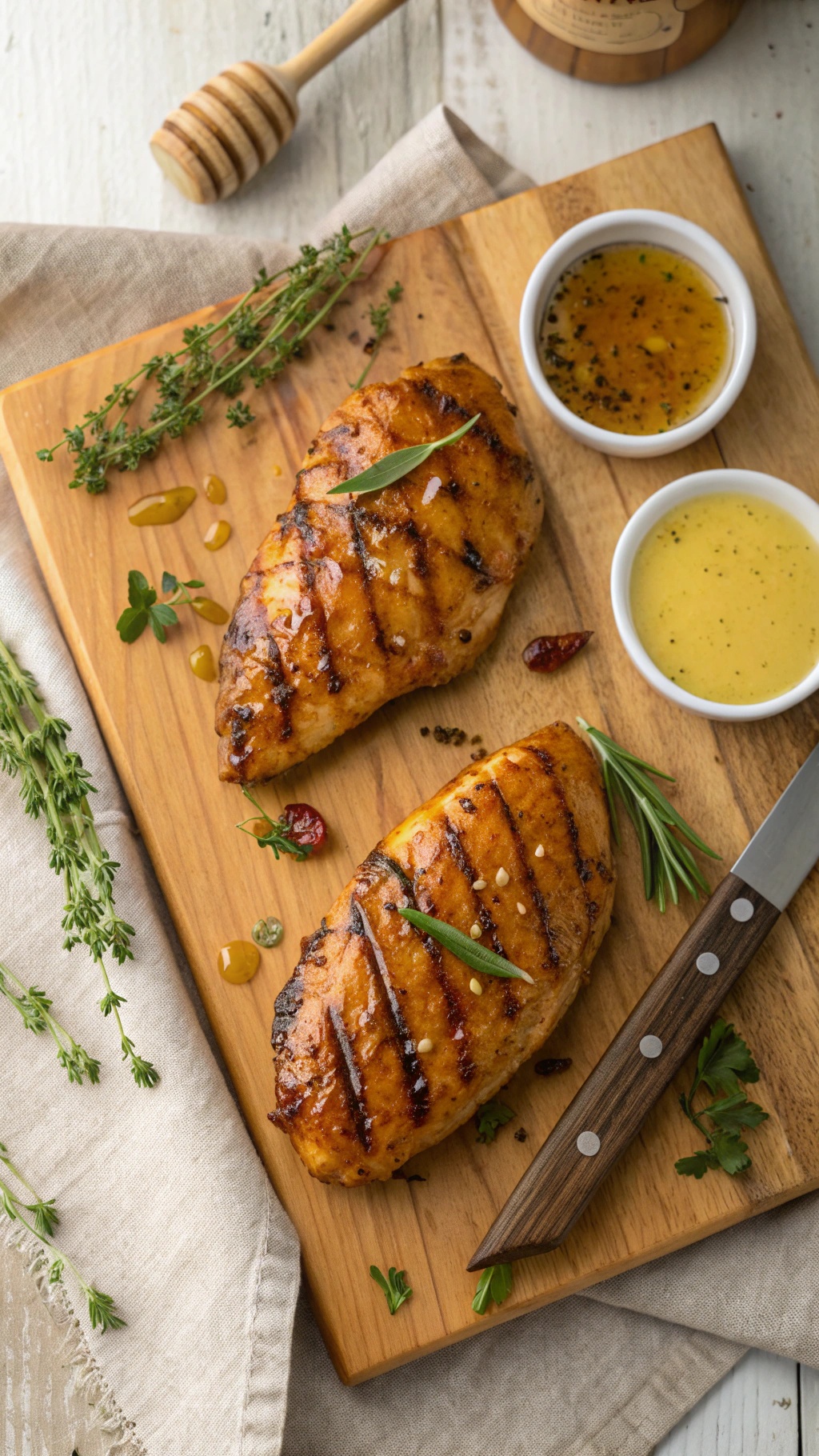 Grilled honey mustard chicken breasts on a wooden cutting board with herbs and sauces.