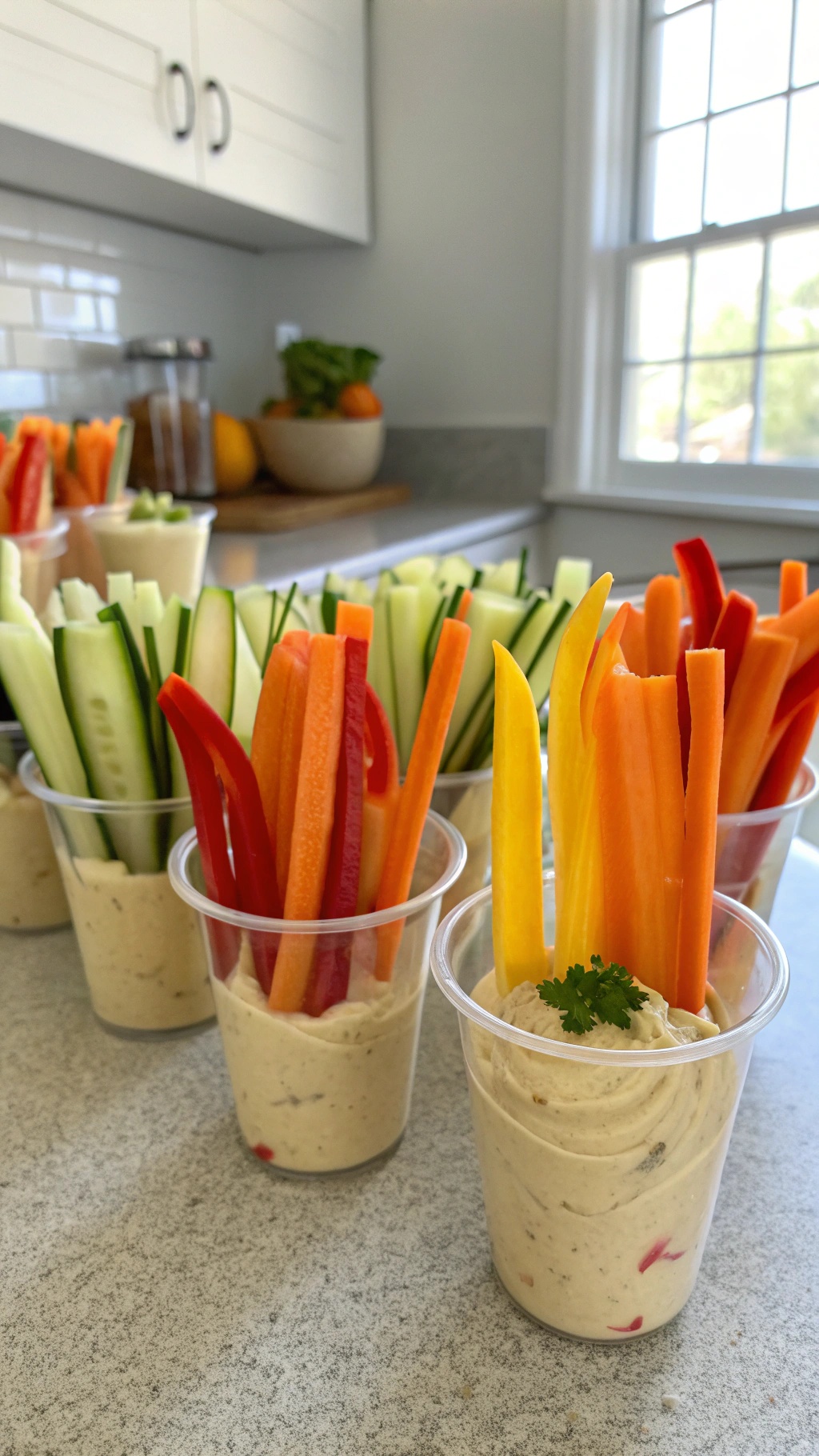 Colorful veggie sticks in cups filled with hummus, arranged on a countertop.