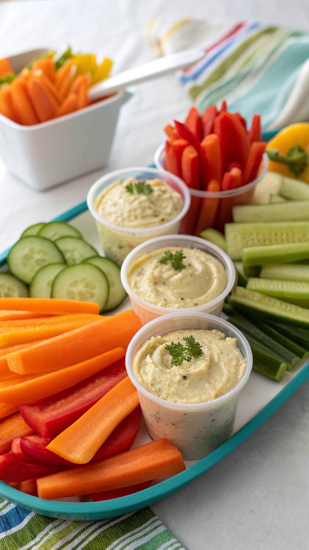 A colorful platter of hummus and assorted fresh vegetables including carrots, cucumbers, and bell peppers.