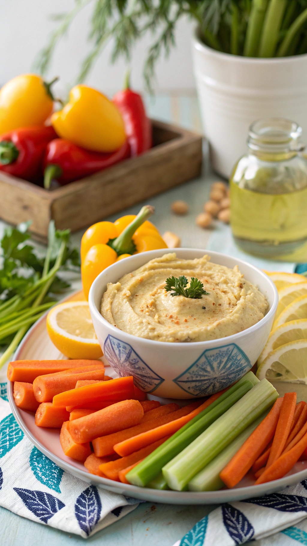 A bowl of hummus surrounded by fresh carrot sticks, celery, and bell peppers, with lemon slices in the background.