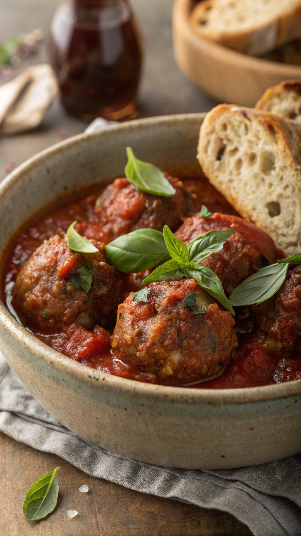 A bowl of savory Italian meatballs in marinara sauce, garnished with fresh basil and served with crusty bread.