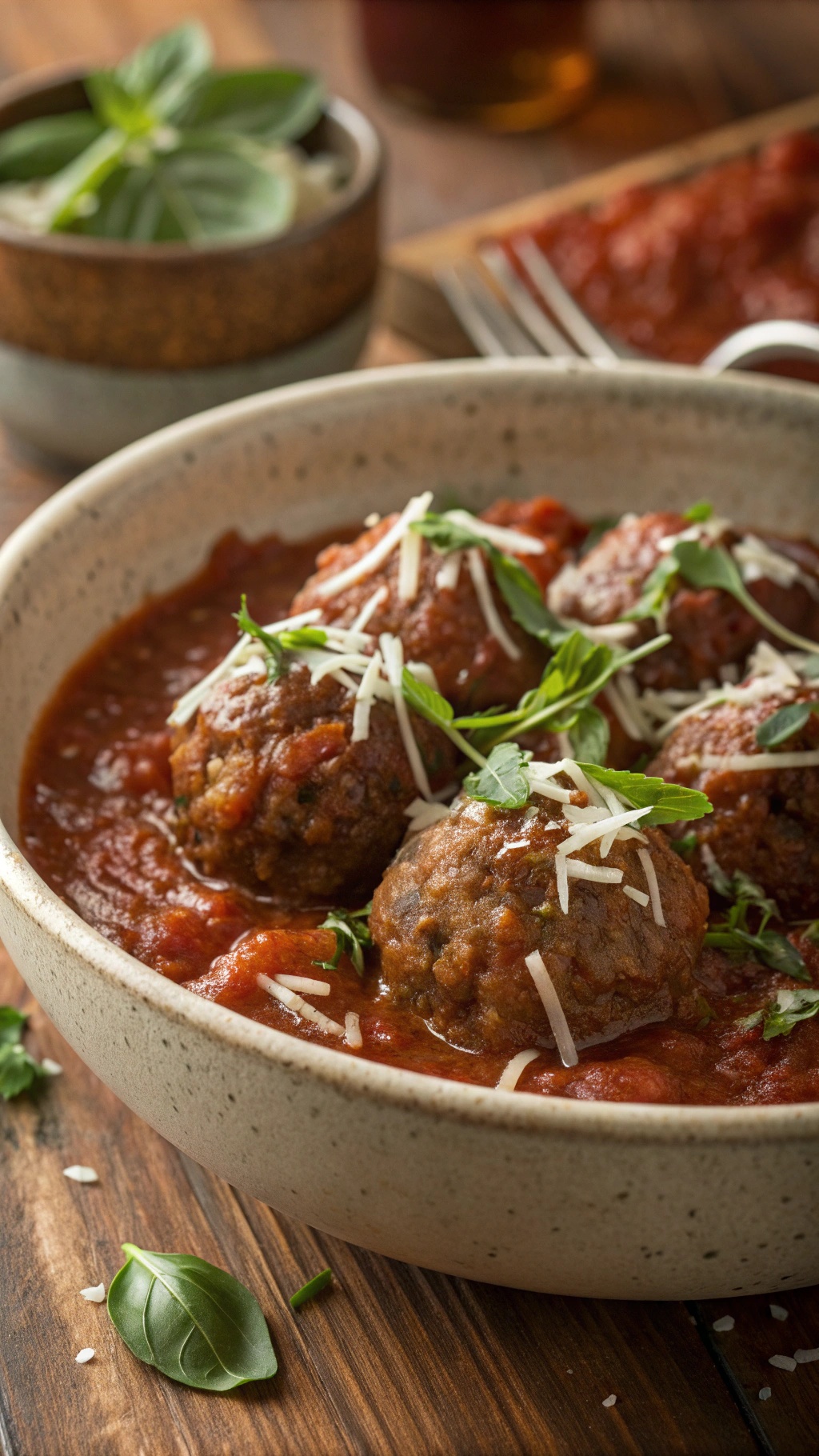 Savory Italian meatballs in marinara sauce garnished with herbs and cheese.