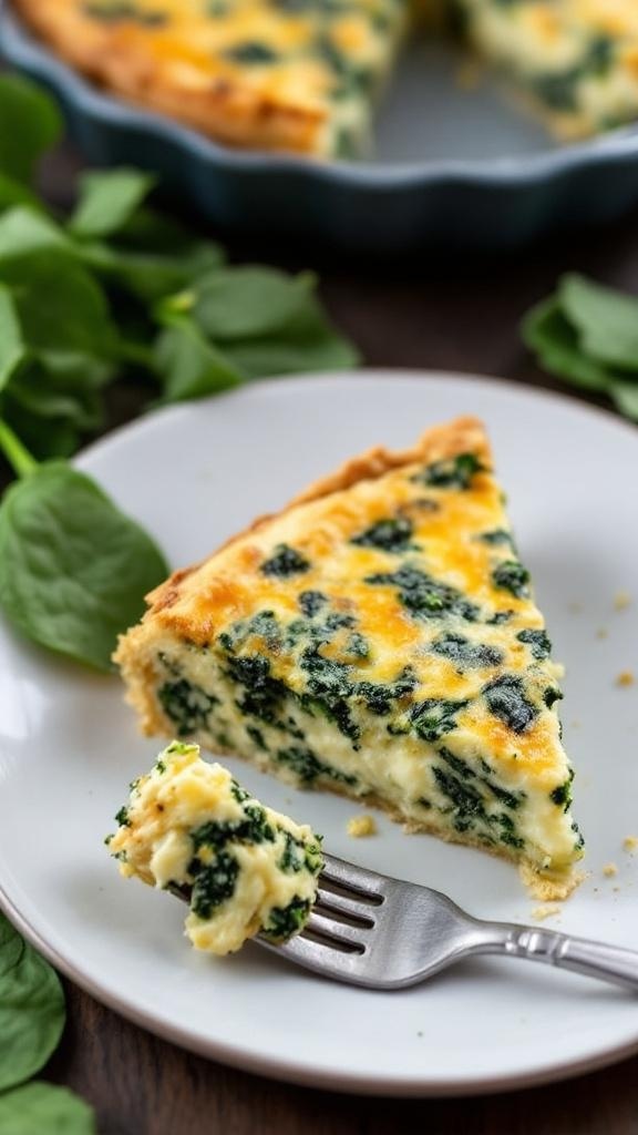 A slice of savory keto cheese and spinach quiche on a plate with a fork.