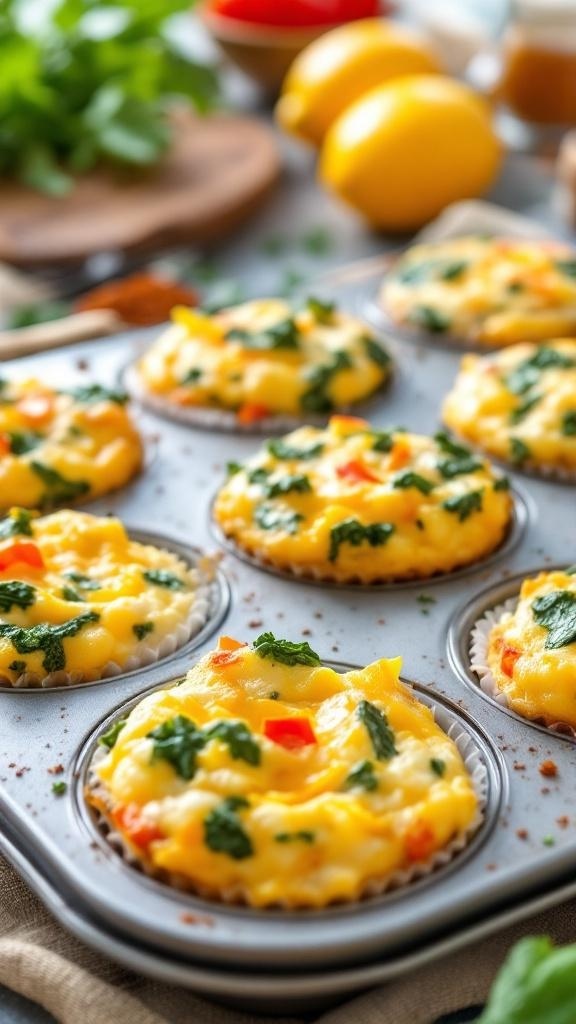 Savory keto egg muffins in a muffin tin with colorful vegetables and cheese.