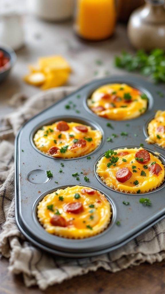 Savory Keto Sausage and Egg Muffins in a muffin tin with parsley garnish