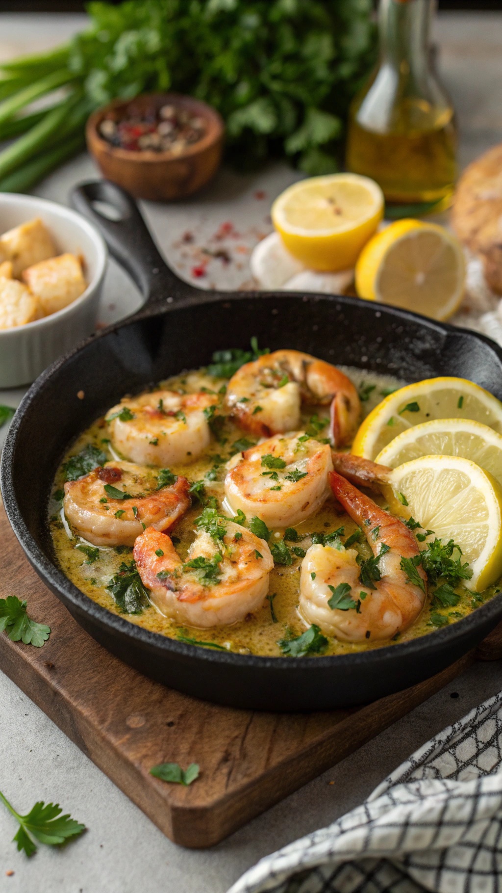 A skillet filled with lemon garlic butter shrimp, garnished with parsley and lemon slices.