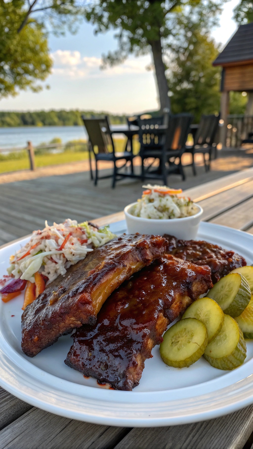 A plate of BBQ ribs with coleslaw and pickles on a wooden table by the water.
