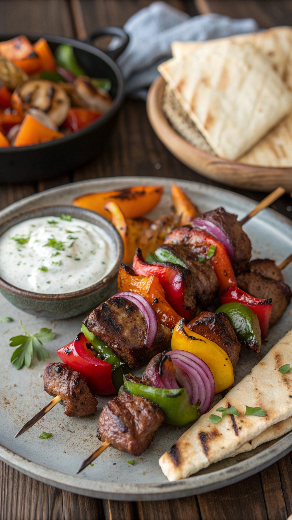 Plate of Mediterranean lamb kebabs with colorful vegetables and a creamy dipping sauce