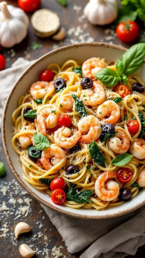 A bowl of Mediterranean shrimp pasta with garlic sauce, garnished with basil and surrounded by fresh ingredients.