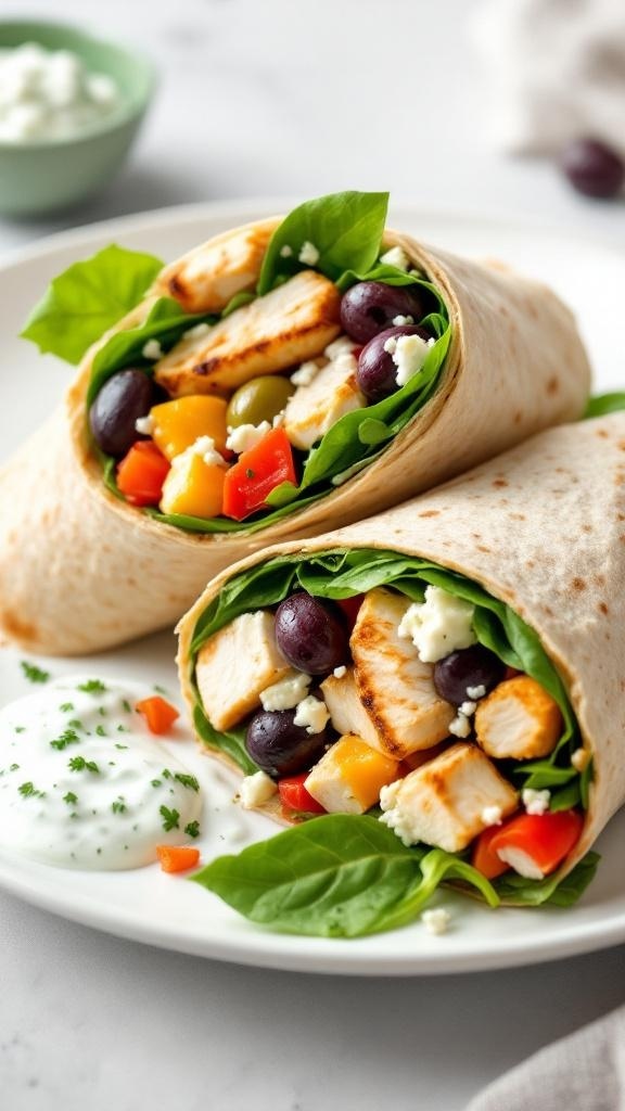 Two Mediterranean wraps filled with grilled chicken, spinach, bell peppers, and olives, served with yogurt.