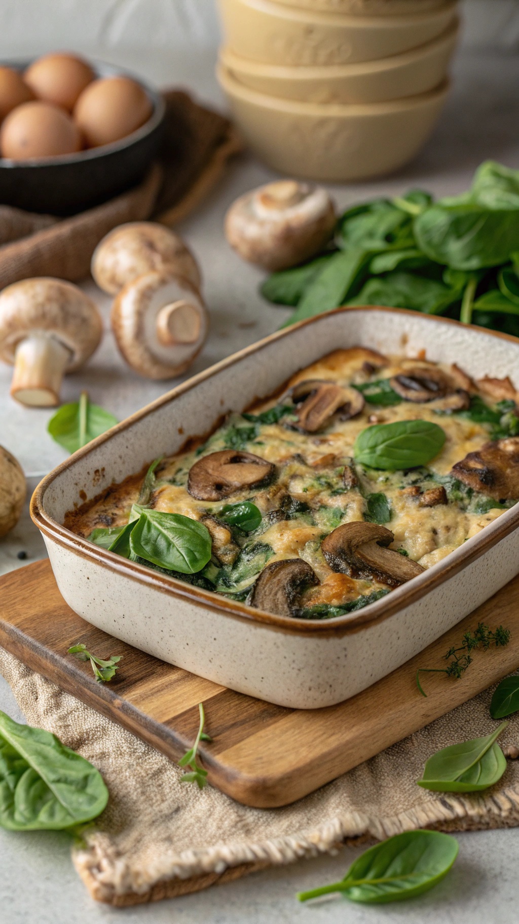 A savory mushroom and spinach breakfast casserole in a baking dish, surrounded by fresh ingredients.