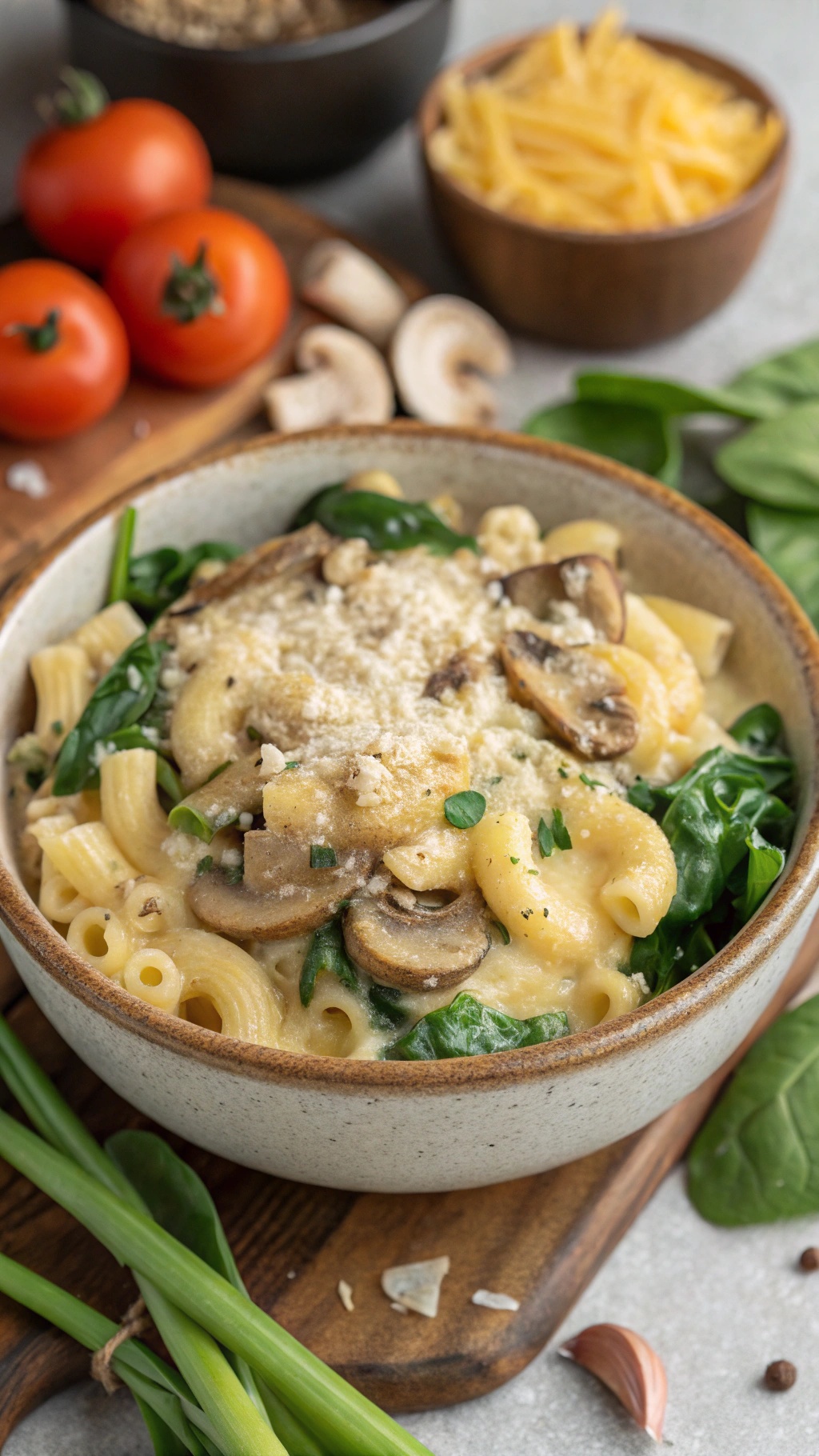 A bowl of creamy mushroom and spinach keto mac and cheese with fresh ingredients surrounding it.